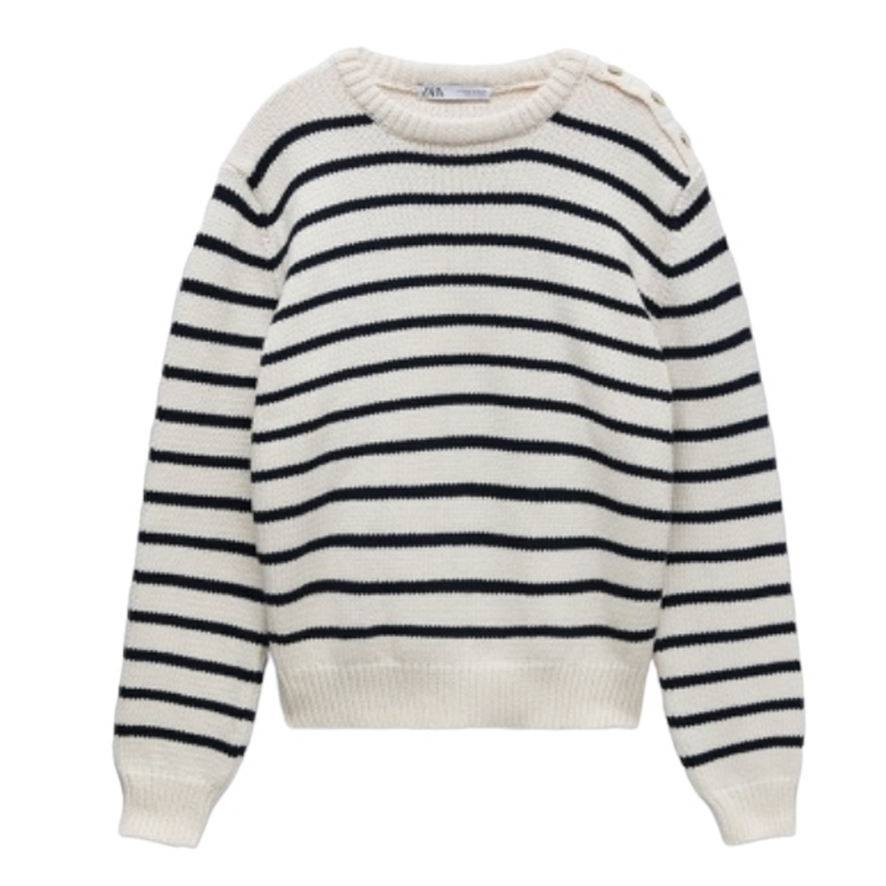 Zara Black and White Striped Crew Neck Sweater